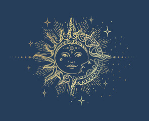 Antique style sun and crescent moon. Boho chic tattoo design vector illustration - 427519341