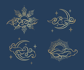 Antique style sun and crescent moon. Boho chic tattoo design vector illustration