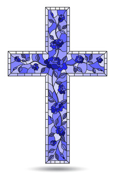  Illustration in stained glass style painting on religious themes, stained glass window in the shape of a Christian cross decorated with roses isolated on white background, tone blue