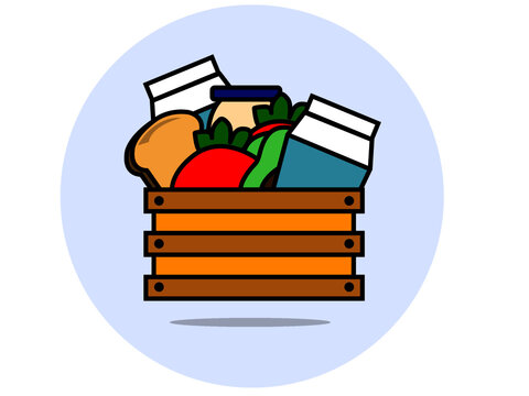 crate or wooden box used to transport products. Contains milk, tomatoes, avocado, mayonnaise, and bread