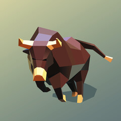 Vector low poly illustration of brown bull in strong pose.