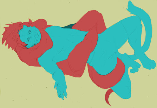 Illustration of an anthropomorphic dragon applying a rear choke on the ground to an anthropomorphic tiger
