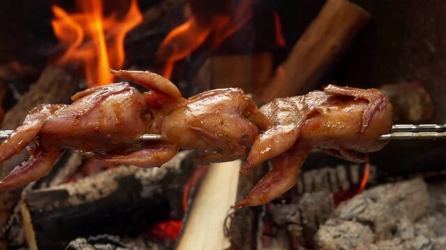 Delicious juicy quails on the skewer are roasting on the background of the open fire outdoors