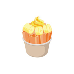 Stir-fried ice cream rolls in cup with banana flat vector illustration isolated.