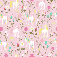 cute seamless pattern, unicorns with berries and flowers