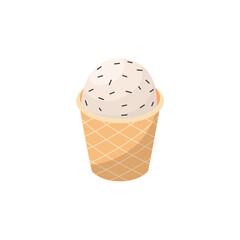 Vanilla flavor tasty ice cream in waffle cup, flat vector illustration isolated.