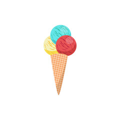 Icon of ice cream balls in waffle cone, flat vector illustration isolated.