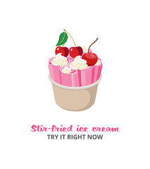 Stir-fried ice cream or rolled ice cream flat vector illustration isolated.