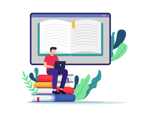 Student learning online. Young man sitting on large books, Working on test, Writing, Reading books. Student watching online courses, E-learning, Online training, Studying at home. Vector in flat style