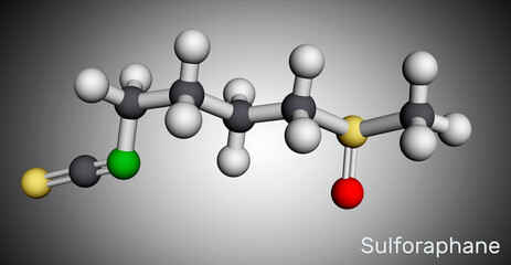 Sulforaphane, sulphoraphane molecule. It is isothiocyanate, antineoplastic agent, plant metabolite, antioxidant. Molecular model. 3D rendering