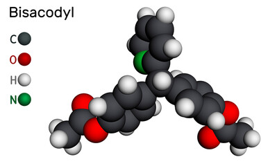 Bisacodyl, bisacodil  molecule. It is stimulant laxative drug for the treatment of constipation, neurogenic bowel dysfunction. Molecular model. 3D rendering