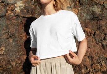 Woman Wearing Simple White Tshirt Mockup