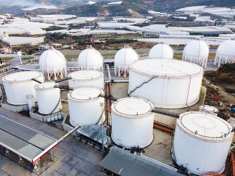 Liquified Natural Gas Storage. LNG Or LPG Gas Plant. Storage Tanks For Liquefied Gas. Aerial View