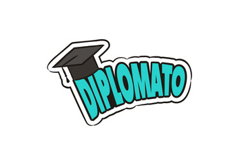 Comic graduate logo sticker in italian. Cartoon logotype or badge in pop art style with cap For graduation school. Isolated Vector illustration. Translation: Graduate