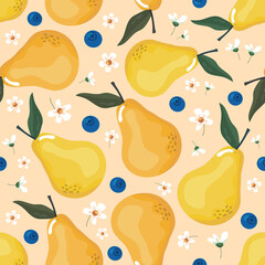 Summer seamless pattern with pears and blossom. Festive fruit background for textile, fabric, decorative paper. Cartoon vector