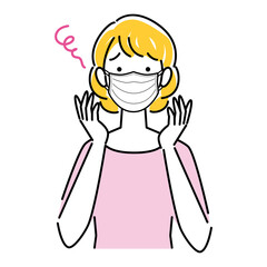 マスクの着用が原因で肌荒れになってしまった女性 イラスト シンプル ベクター