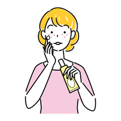 肌荒れになってしまった女性がスキンケアをしてる イラスト シンプルベクター A woman with rough skin is doing skin care. Simple illustration. vector.
