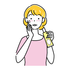 肌荒れになってしまった女性がスキンケアをしてる イラスト シンプルベクター 