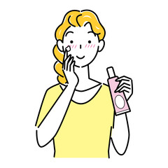 肌荒れになってしまった女性がスキンケアをしてる イラスト シンプルベクター