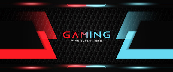 Futuristic red and blue abstract gaming banner design template with metal technology concept. Vector illustration for business corporate promotion, game header social media, live streaming background