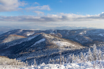 Fototapeta na wymiar Polish mountains in winter sunny day, Malinowska Skala,. Szczyrk.