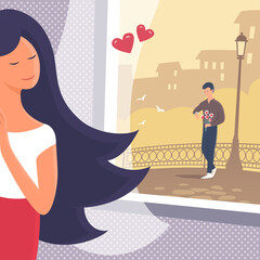 A beautiful young girl is going on a date with her beloved at home. A happy man with flowers is waiting for her on a city street outside the window. Vector cartoon romantic illustration