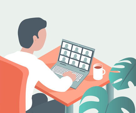 The man sits in front of a laptop and communicates via video. Video conference with colleagues or friends. Vector isometric close up illustration