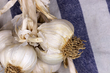close-up raw garlic on a table