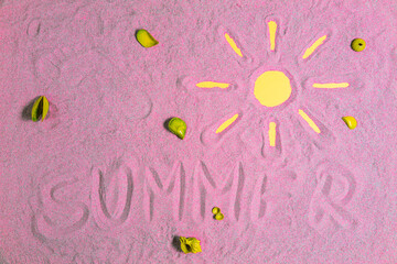 SUMMER , SUN , SEASHELLS ON PINK SAND