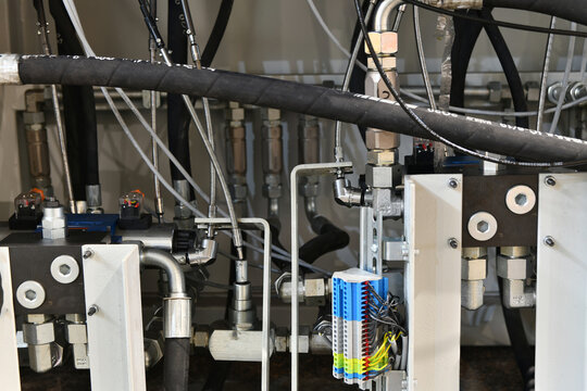 Tubes, Hoses And Adapters In A Hydraulic Oil Production Station.