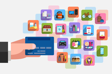 Bank plastic card and plenty of icons of goods around it