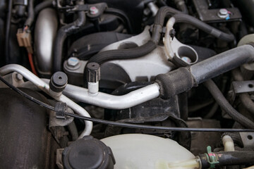 View of interior parts under the hood of a modern car