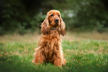 english cocker spaniel cute dog portrait on natural background in forest
