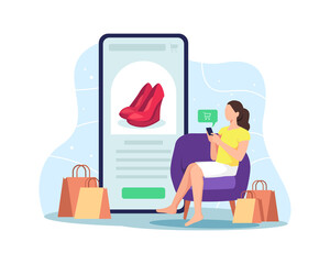 Woman shopping online concept. Woman sitting on the couch, Shopping online at home using mobile phone. Customer selects the goods to order, Girl with smartphone next to paper bags. Vector flat style