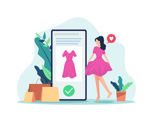 Woman shopping online concept. Women wearing clothes, Satisfied and happy with the online shopping experience. Shop online with mobile phone, Review the product purchased. Vector in a flat style