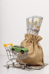 Model of car with money bag on white background. Vertical image