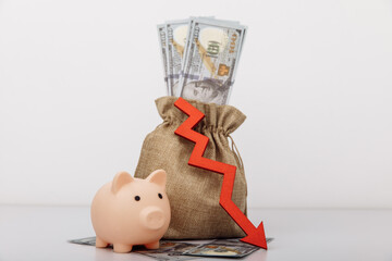 Money bag, piggy bank and red down arrow. Stagnation, recession, declining business activity,...