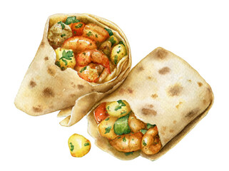 Watercolor shawarma with shrimps and vegetables in pita bread