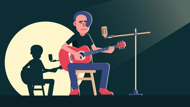 Musician with acoustic guitar sings song on the stage. Rock star Unplugged performance. 2d looped animation with alpha channel.