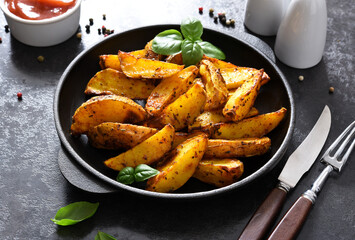 Fried potato wedges in a frying pan and sauce on a concrete background. Baked potato slices.