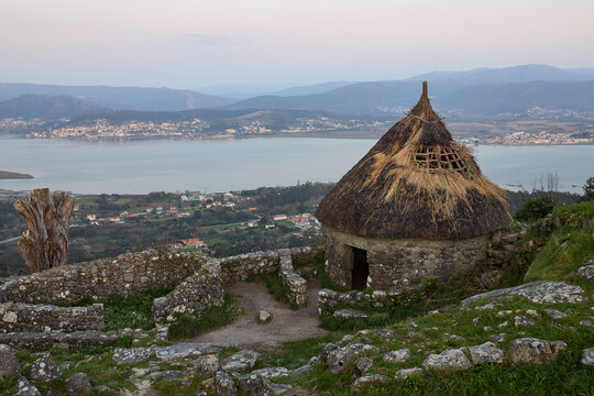 View of an old Galician house rebuilt on the mount of Santa Tegra, in the community of Galicia, Spain.