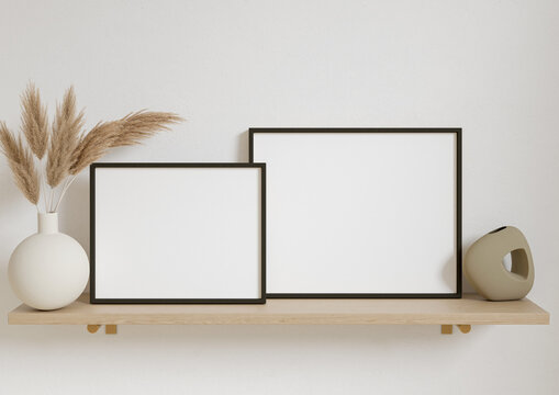 Double 8x10 Horizontal Black Frame Mockup On A Wooden Shelf With Decorations. 3D Rendering