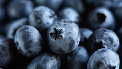 Wet fresh Blueberry background. close up with selective focus and water droplets. Concept of healthy and dieting eating