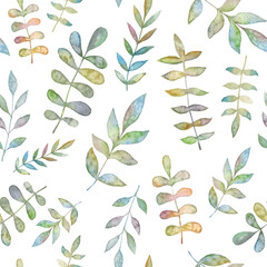 Seamless watercolor pattern of branches with leaves.