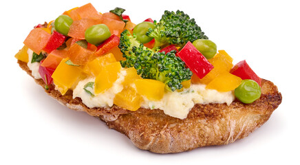 Italian bruschetta with mozzarella cheese, isolated on white background. High resolution image