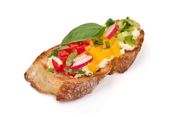 Italian bruschetta with mozzarella cheese, isolated on white background. High resolution image