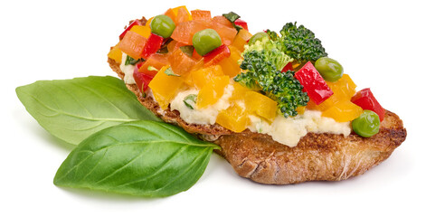 Bruschetta with mozzarella cheese, isolated on white background. High resolution image