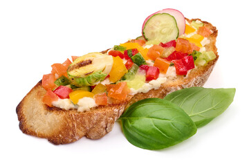 Italian bruschetta with mozzarella cheese, isolated on white background. High resolution image
