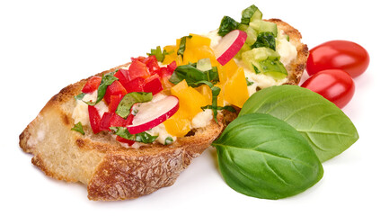 Bruschetta with mozzarella cheese, isolated on white background. High resolution image