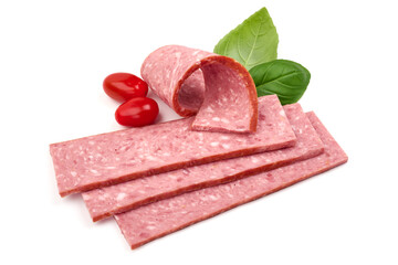 Salami sausage slices, isolated on white background. High resolution image